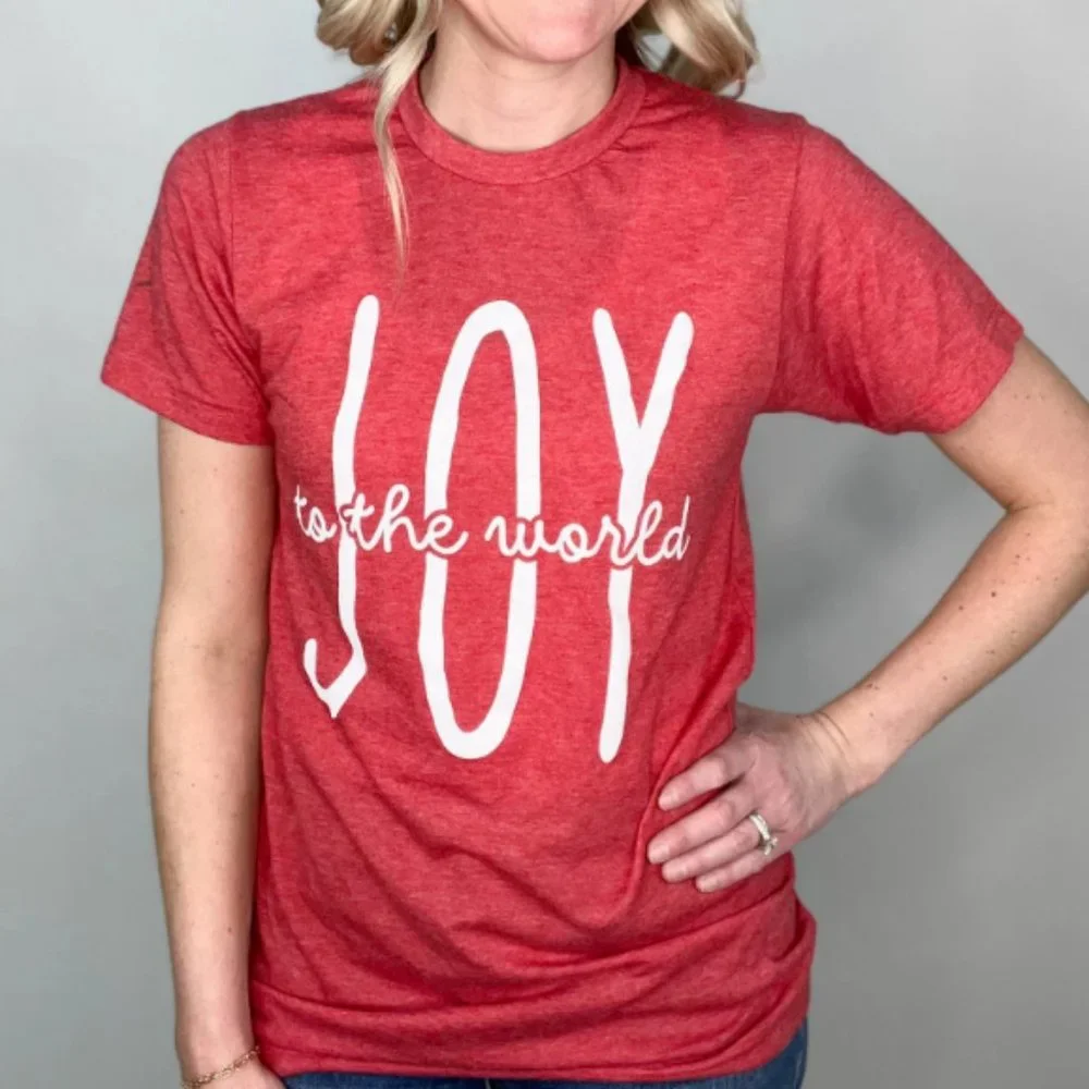🎉 4 for $25 🎉 Joy to the World Round Neck Short Sleeve Graphic Tee - Picture 1 of 7